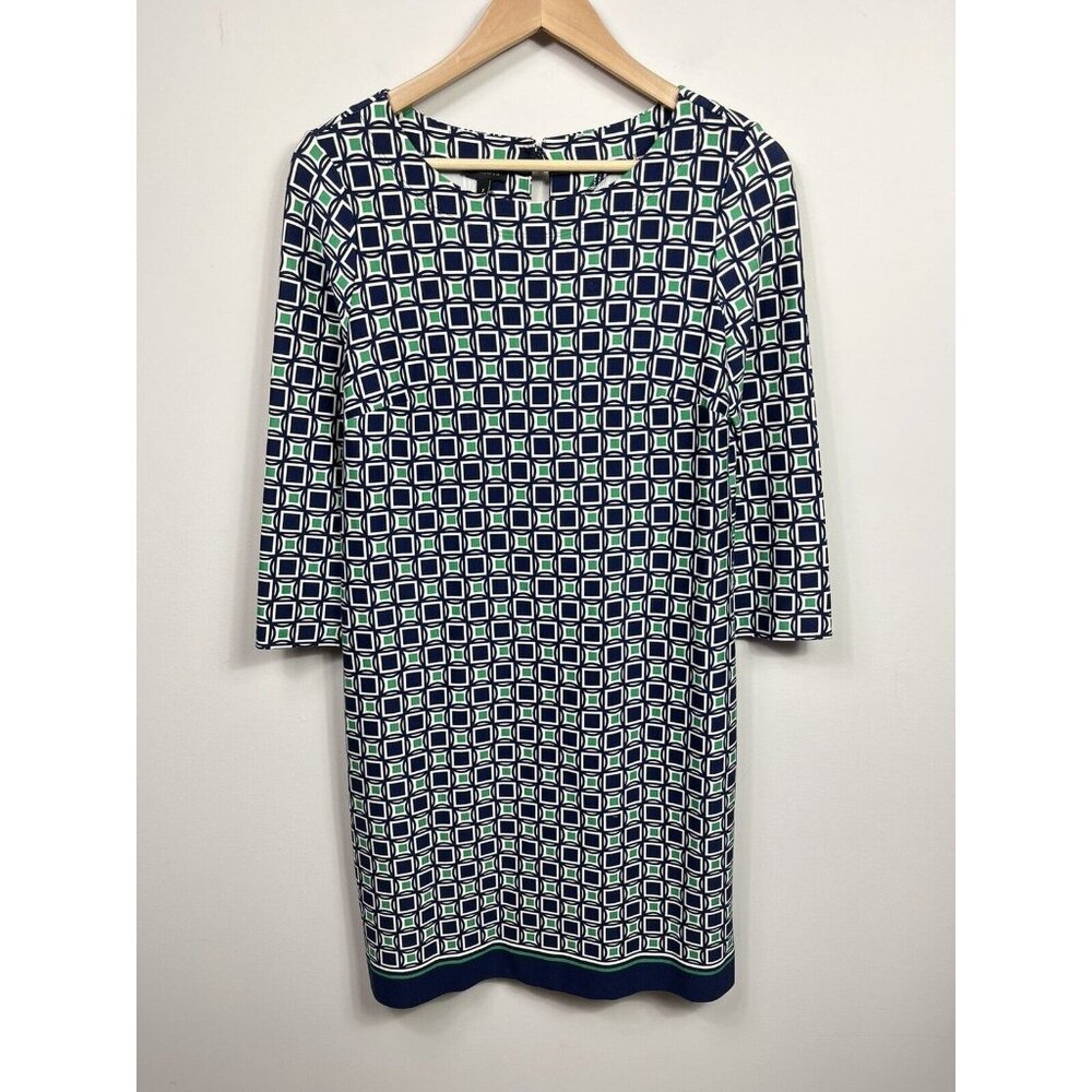 Talbots Dress Womens Size 2 Navy Blue Green 3/4 Sleeve Stretch